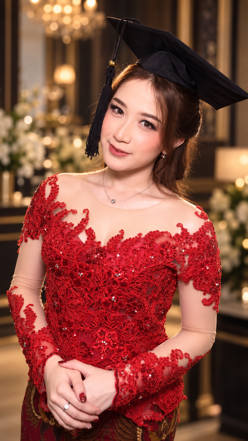 Riasan untuk momen wisuda dengan busana merah
